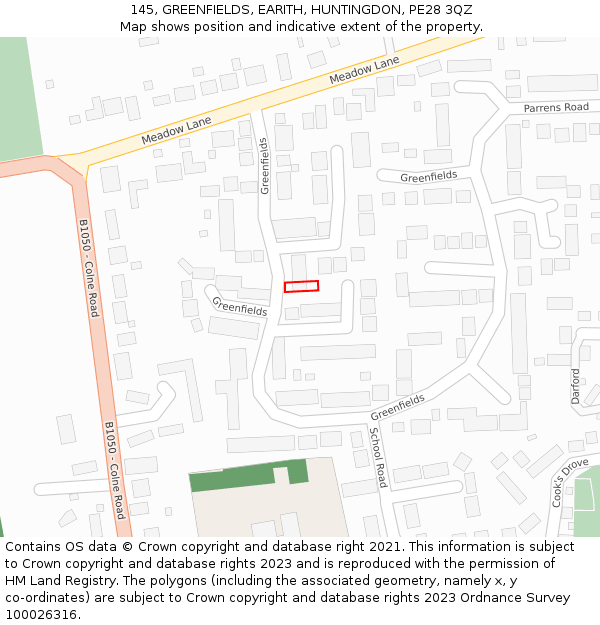 145, GREENFIELDS, EARITH, HUNTINGDON, PE28 3QZ: Location map and indicative extent of plot