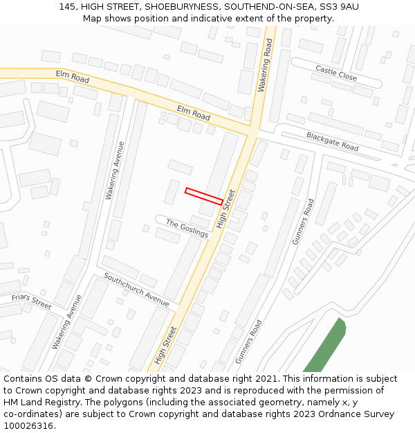 145, HIGH STREET, SHOEBURYNESS, SOUTHEND-ON-SEA, SS3 9AU: Location map and indicative extent of plot