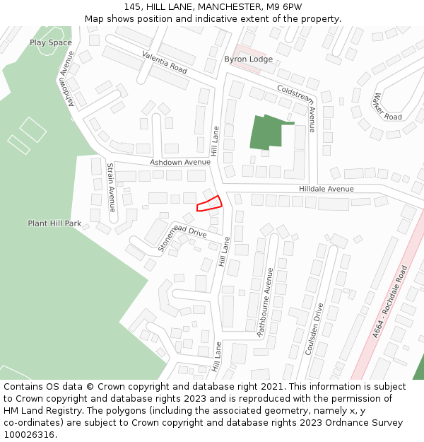 145, HILL LANE, MANCHESTER, M9 6PW: Location map and indicative extent of plot