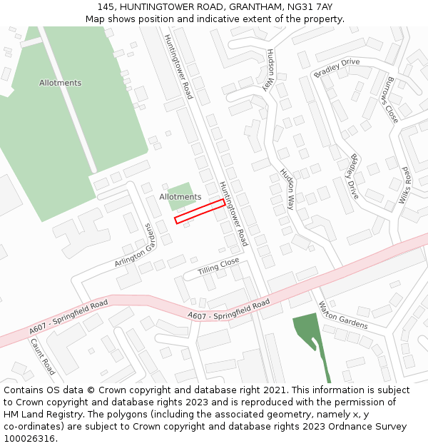 145, HUNTINGTOWER ROAD, GRANTHAM, NG31 7AY: Location map and indicative extent of plot