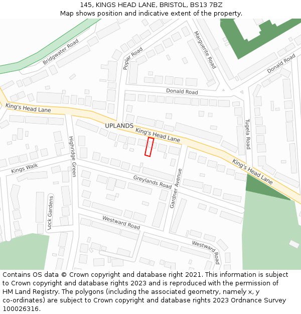 145, KINGS HEAD LANE, BRISTOL, BS13 7BZ: Location map and indicative extent of plot