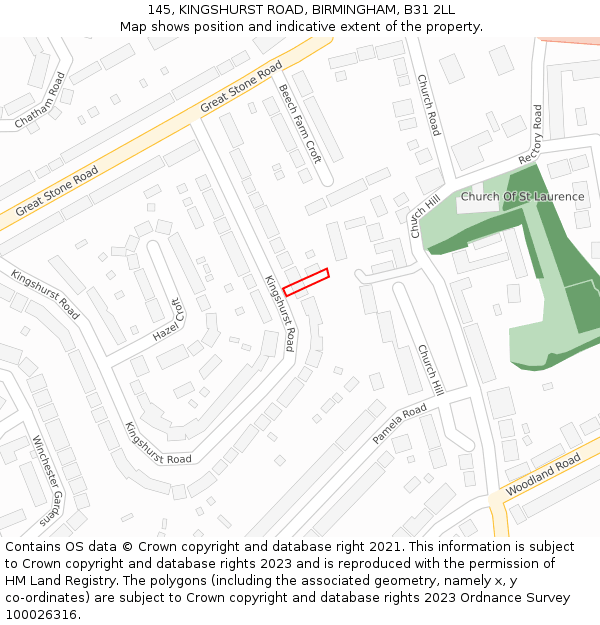 145, KINGSHURST ROAD, BIRMINGHAM, B31 2LL: Location map and indicative extent of plot