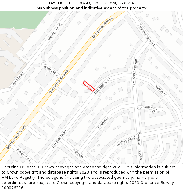 145, LICHFIELD ROAD, DAGENHAM, RM8 2BA: Location map and indicative extent of plot