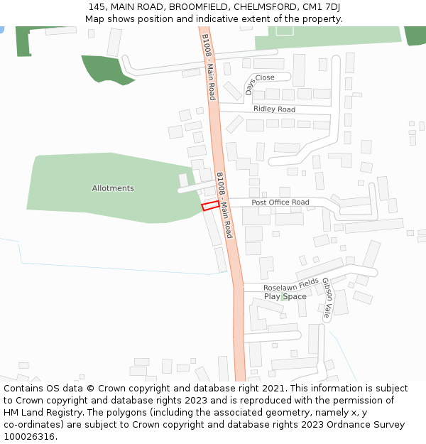 145, MAIN ROAD, BROOMFIELD, CHELMSFORD, CM1 7DJ: Location map and indicative extent of plot