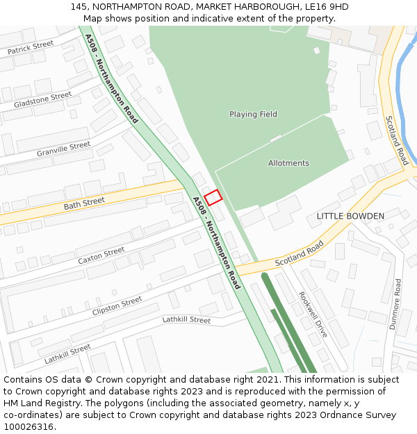 145, NORTHAMPTON ROAD, MARKET HARBOROUGH, LE16 9HD: Location map and indicative extent of plot