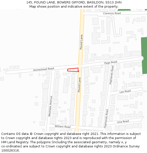 145, POUND LANE, BOWERS GIFFORD, BASILDON, SS13 2HN: Location map and indicative extent of plot