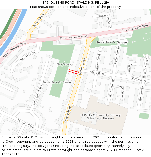 145, QUEENS ROAD, SPALDING, PE11 2JH: Location map and indicative extent of plot