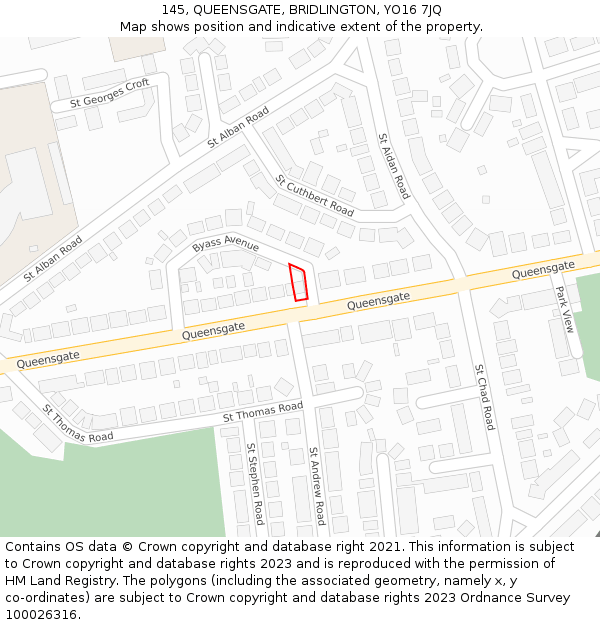 145, QUEENSGATE, BRIDLINGTON, YO16 7JQ: Location map and indicative extent of plot