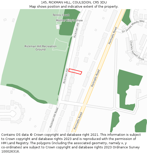 145, RICKMAN HILL, COULSDON, CR5 3DU: Location map and indicative extent of plot