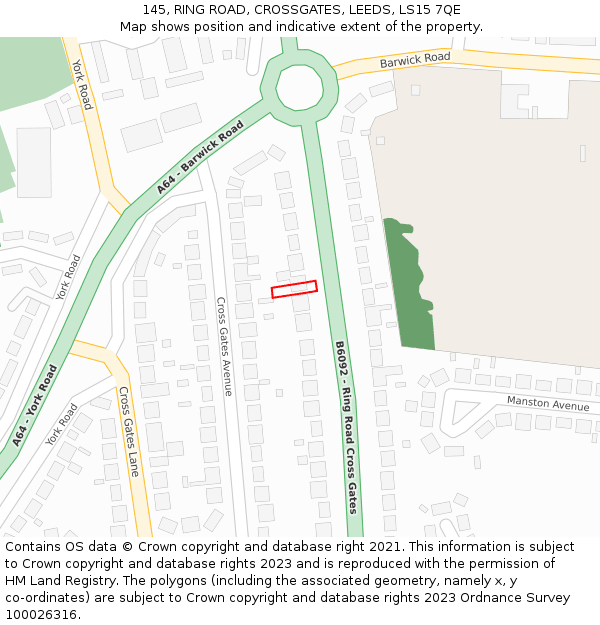 145, RING ROAD, CROSSGATES, LEEDS, LS15 7QE: Location map and indicative extent of plot