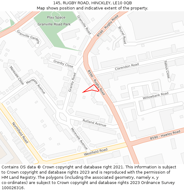 145, RUGBY ROAD, HINCKLEY, LE10 0QB: Location map and indicative extent of plot