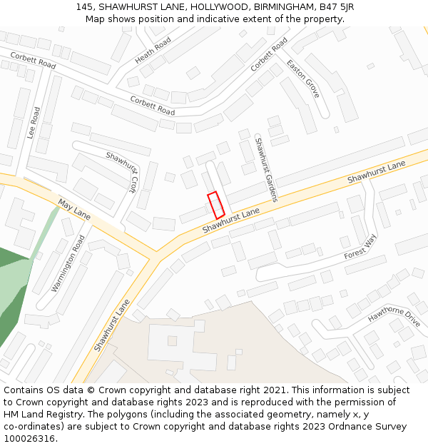 145, SHAWHURST LANE, HOLLYWOOD, BIRMINGHAM, B47 5JR: Location map and indicative extent of plot