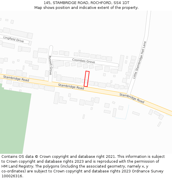 145, STAMBRIDGE ROAD, ROCHFORD, SS4 1DT: Location map and indicative extent of plot