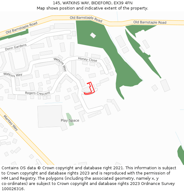 145, WATKINS WAY, BIDEFORD, EX39 4FN: Location map and indicative extent of plot