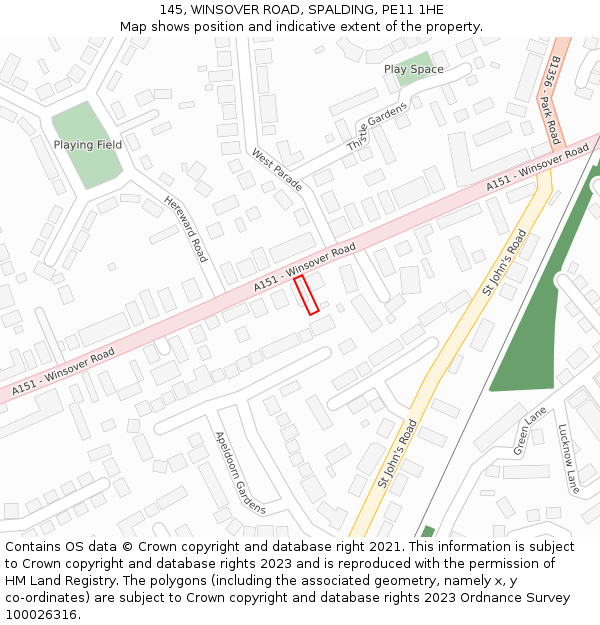 145, WINSOVER ROAD, SPALDING, PE11 1HE: Location map and indicative extent of plot