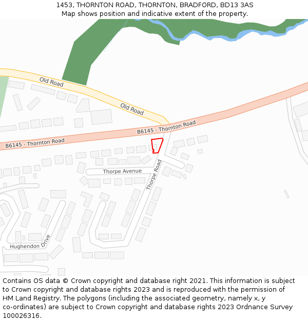 1453, THORNTON ROAD, THORNTON, BRADFORD, BD13 3AS: Location map and indicative extent of plot