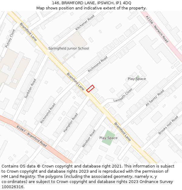 146, BRAMFORD LANE, IPSWICH, IP1 4DQ: Location map and indicative extent of plot