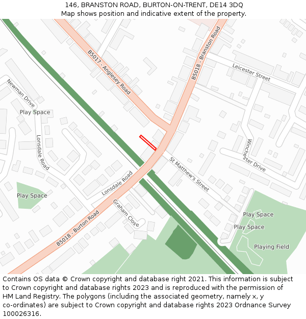 146, BRANSTON ROAD, BURTON-ON-TRENT, DE14 3DQ: Location map and indicative extent of plot