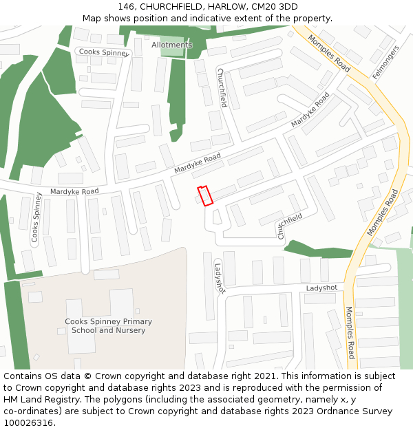 146, CHURCHFIELD, HARLOW, CM20 3DD: Location map and indicative extent of plot