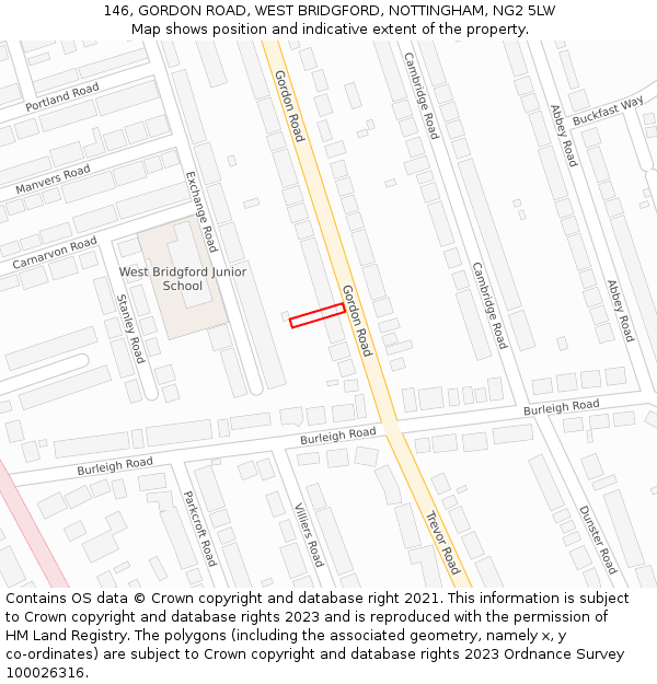 146, GORDON ROAD, WEST BRIDGFORD, NOTTINGHAM, NG2 5LW: Location map and indicative extent of plot