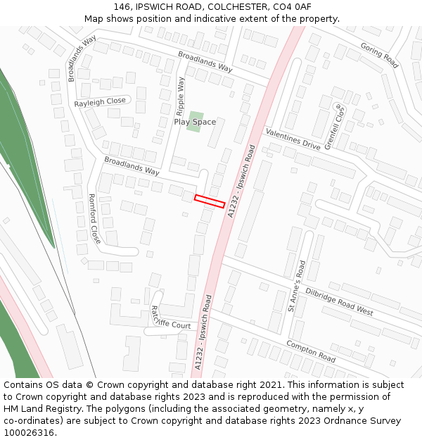 146, IPSWICH ROAD, COLCHESTER, CO4 0AF: Location map and indicative extent of plot