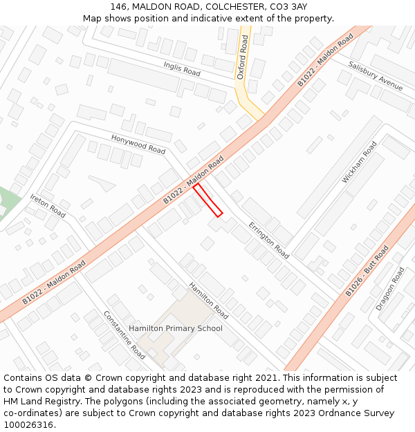 146, MALDON ROAD, COLCHESTER, CO3 3AY: Location map and indicative extent of plot