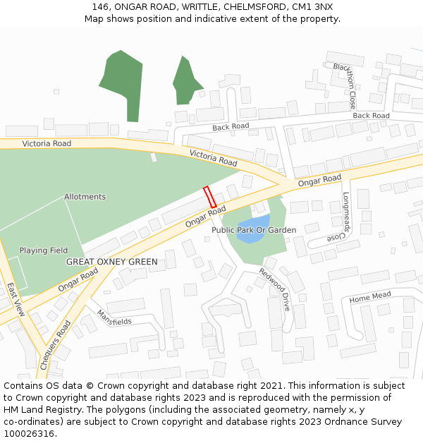 146, ONGAR ROAD, WRITTLE, CHELMSFORD, CM1 3NX: Location map and indicative extent of plot