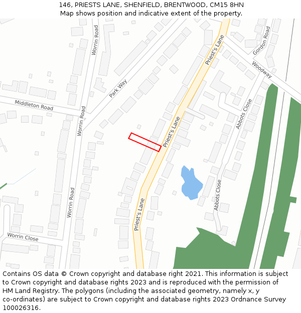146, PRIESTS LANE, SHENFIELD, BRENTWOOD, CM15 8HN: Location map and indicative extent of plot