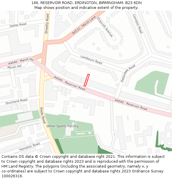 146, RESERVOIR ROAD, ERDINGTON, BIRMINGHAM, B23 6DN: Location map and indicative extent of plot