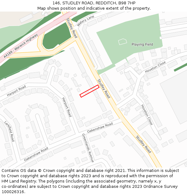 146, STUDLEY ROAD, REDDITCH, B98 7HP: Location map and indicative extent of plot