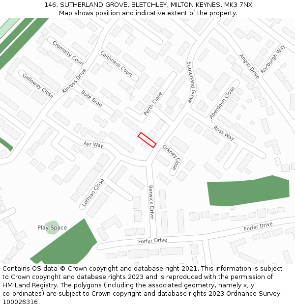 146, SUTHERLAND GROVE, BLETCHLEY, MILTON KEYNES, MK3 7NX: Location map and indicative extent of plot