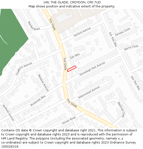 146, THE GLADE, CROYDON, CR0 7UD: Location map and indicative extent of plot