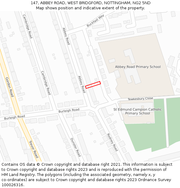 147, ABBEY ROAD, WEST BRIDGFORD, NOTTINGHAM, NG2 5ND: Location map and indicative extent of plot