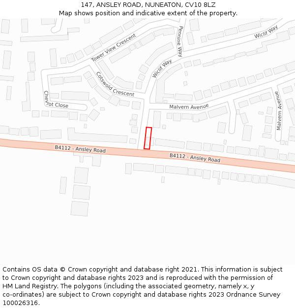 147, ANSLEY ROAD, NUNEATON, CV10 8LZ: Location map and indicative extent of plot