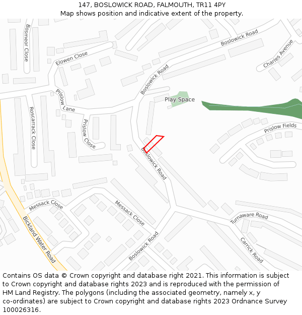 147, BOSLOWICK ROAD, FALMOUTH, TR11 4PY: Location map and indicative extent of plot