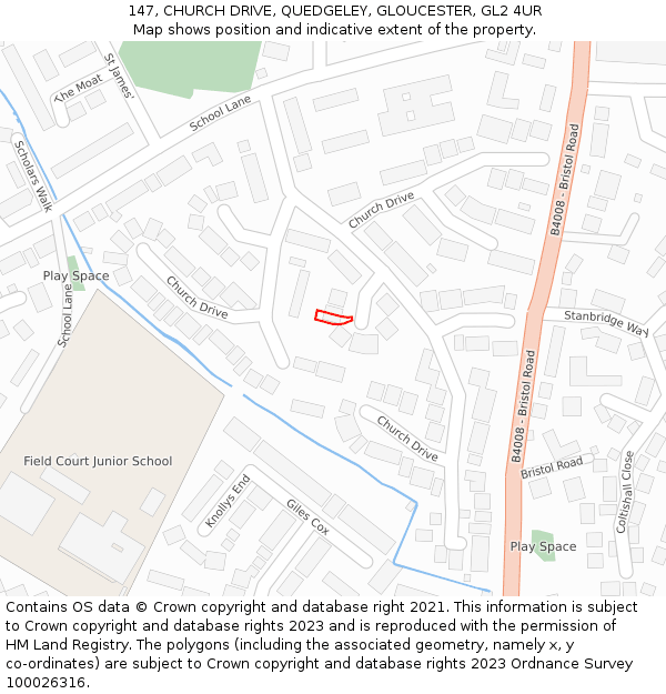 147, CHURCH DRIVE, QUEDGELEY, GLOUCESTER, GL2 4UR: Location map and indicative extent of plot