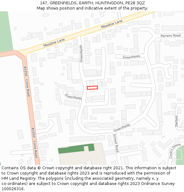 147, GREENFIELDS, EARITH, HUNTINGDON, PE28 3QZ: Location map and indicative extent of plot