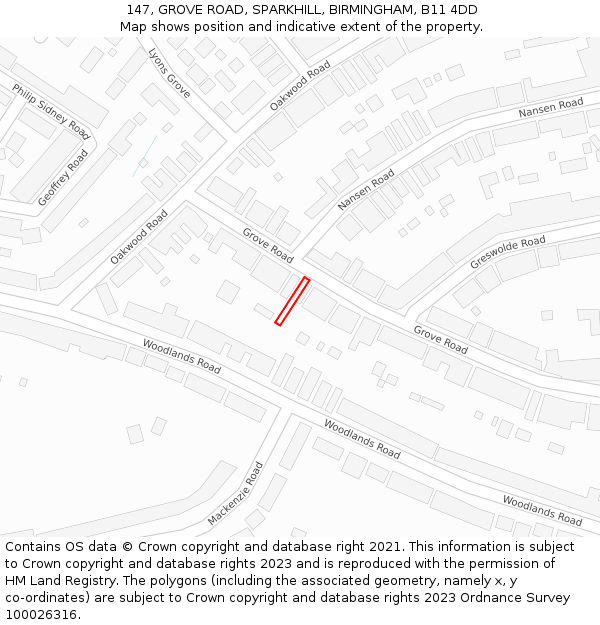 147, GROVE ROAD, SPARKHILL, BIRMINGHAM, B11 4DD: Location map and indicative extent of plot