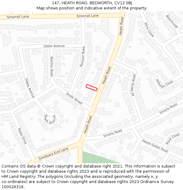 147, HEATH ROAD, BEDWORTH, CV12 0BJ: Location map and indicative extent of plot