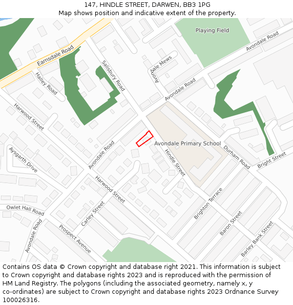 147, HINDLE STREET, DARWEN, BB3 1PG: Location map and indicative extent of plot