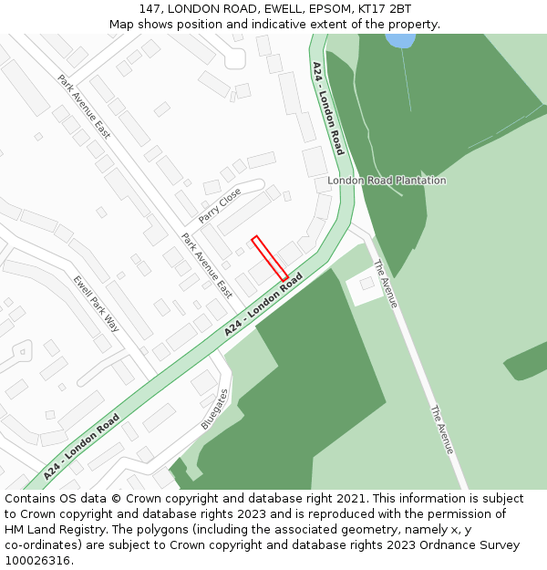 147, LONDON ROAD, EWELL, EPSOM, KT17 2BT: Location map and indicative extent of plot