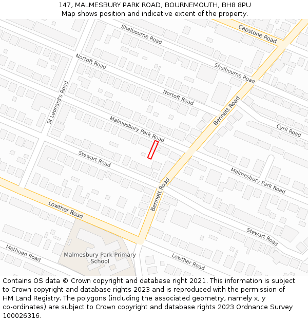 147, MALMESBURY PARK ROAD, BOURNEMOUTH, BH8 8PU: Location map and indicative extent of plot