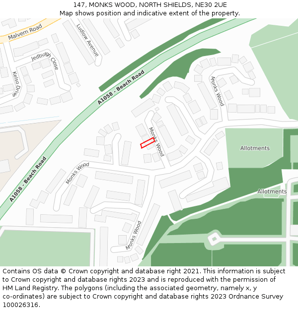 147, MONKS WOOD, NORTH SHIELDS, NE30 2UE: Location map and indicative extent of plot