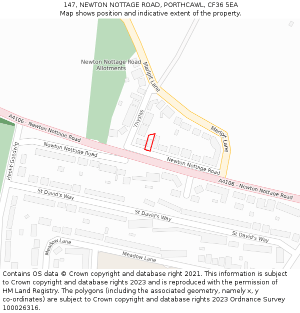 147, NEWTON NOTTAGE ROAD, PORTHCAWL, CF36 5EA: Location map and indicative extent of plot