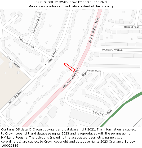 147, OLDBURY ROAD, ROWLEY REGIS, B65 0NS: Location map and indicative extent of plot