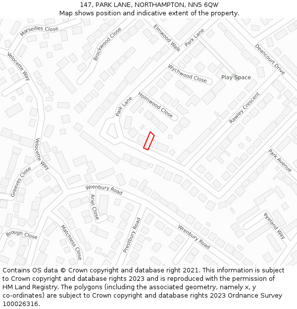 147, PARK LANE, NORTHAMPTON, NN5 6QW: Location map and indicative extent of plot