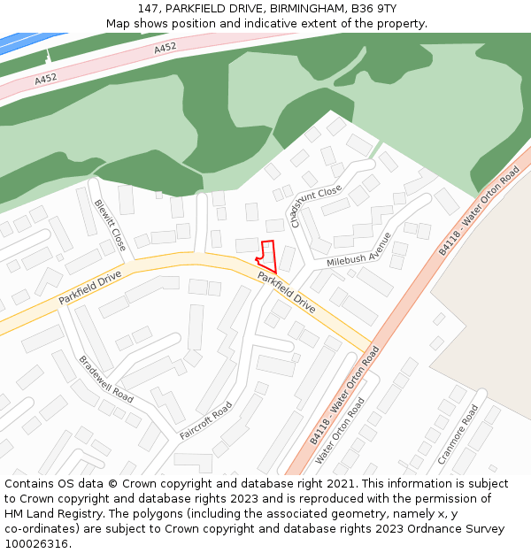 147, PARKFIELD DRIVE, BIRMINGHAM, B36 9TY: Location map and indicative extent of plot