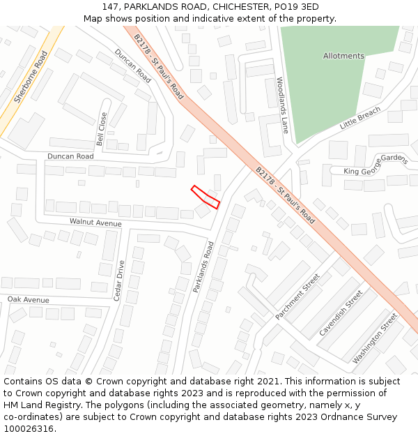 147, PARKLANDS ROAD, CHICHESTER, PO19 3ED: Location map and indicative extent of plot