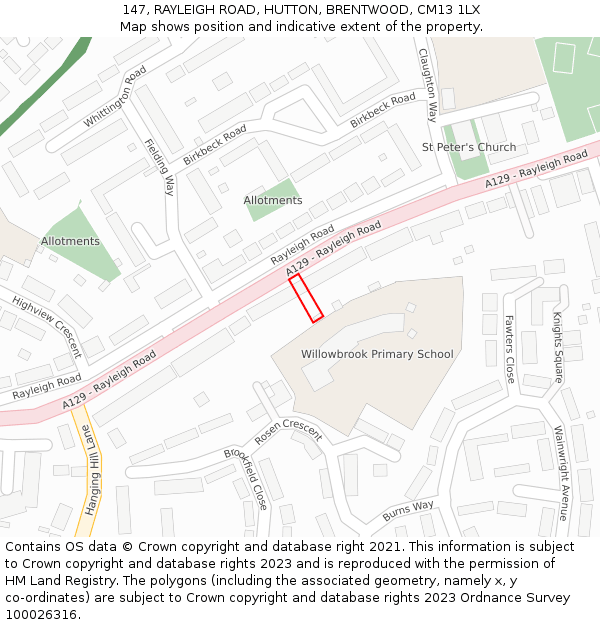 147, RAYLEIGH ROAD, HUTTON, BRENTWOOD, CM13 1LX: Location map and indicative extent of plot