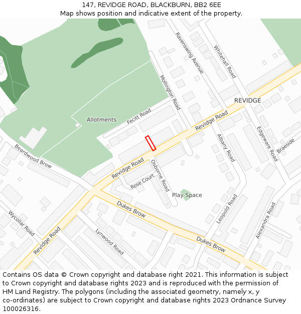 147, REVIDGE ROAD, BLACKBURN, BB2 6EE: Location map and indicative extent of plot